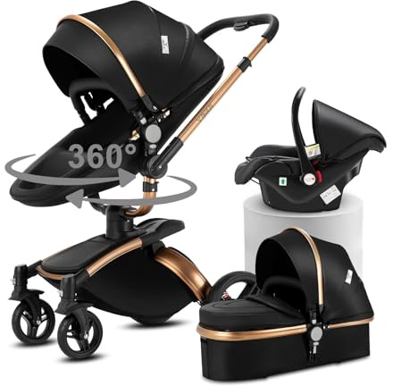 Magic ZC PU Leather 3 in 1 Pushchair Pram Travel System, Baby Stroller 3 in 1 with 360° Rotatable Seat, Newborn Infant Buggy with Aluminum Frame, Toddler Carriage with One-Click Folding (906 Black-1)