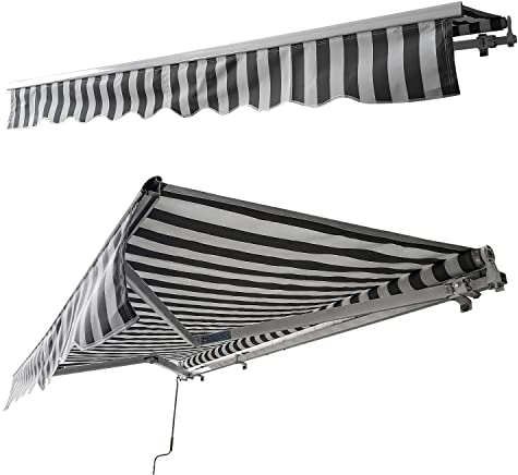 Ikodm Store de terrasse 350 x 300 cm manuel articulé imperméable et protection solaire, auvent de terrasse pour balcon, auvent articulé blanc/gris rayé montage nécessaire