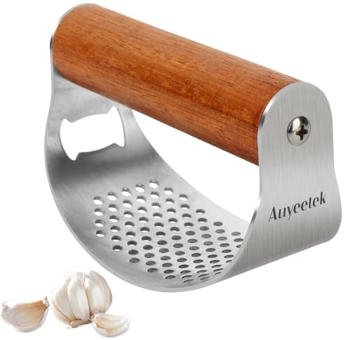 Auyeetek Knoblauchpresse Edelstahl Wippe Spülmaschinenfest Premium Griff aus Holz Knoblauchwippe Garlic Crusher Knoblauch Presse Testsieger Knoblauchschneider 10 * 5.1cm Groß Verdickt