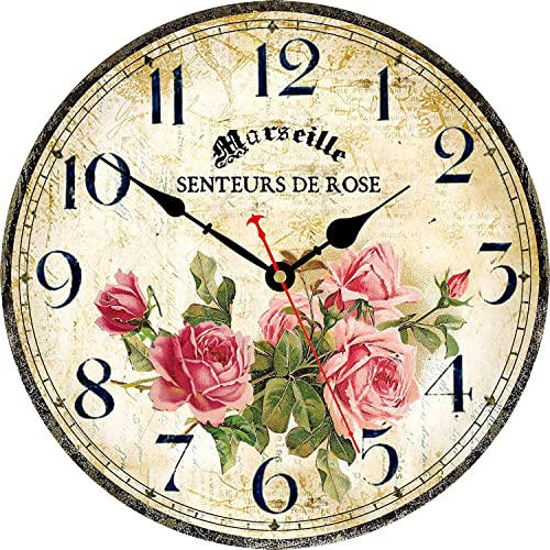 Toudorp Wohnkultur Wanduhr 30cm - Leise, Nicht Tickend, Batteriebetrieben, Retro Französisch Blumen Muster (Rosa Rosen)