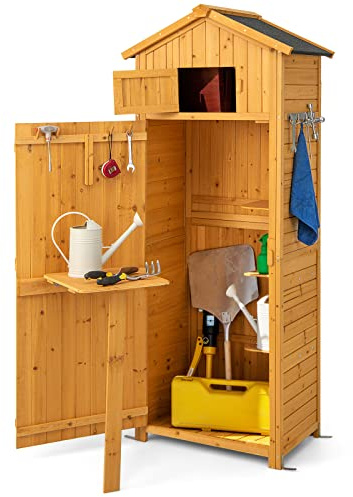 GOPLUS Abri de Jardin en Bois de Sapin pour Extérieur, 75 x 50 x 180,5 CM Cabane à Outils avec Porte Verrouillable, 3 Étagères Amovibles, Table Pliable, Crochets, avec Toit en Asphalte, Naturel