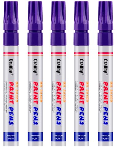 Purple Paint Markers, 5 Pack Oil-Based Waterproof Quick Dry Permanent Paint Pen Set for Rocks Painting, Wood, Fabric, Plastic, Canvas, Glass, Mugs, Metal, Tire, Stone, DIY Craft
