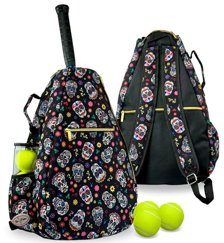 Taboo Fashions Damen-Tennis-Rucksack für zwei Schläger, gepolsterte Gurte und seitlicher Tragegriff (Sugar Skulls)