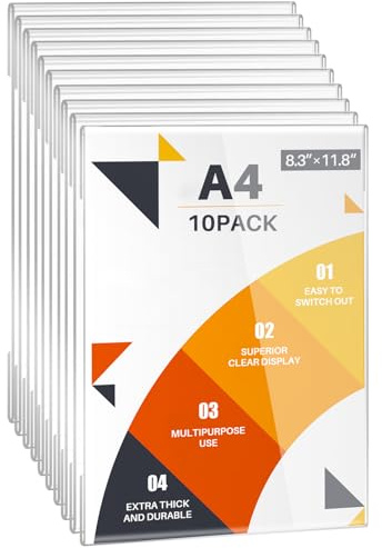 WenYa Lot de 10 supports muraux A4 en acrylique (portrait) - Autocollant sans cadre - Pour bureau, magasin, restaurant - Sans perçage - Porte-documents transparent