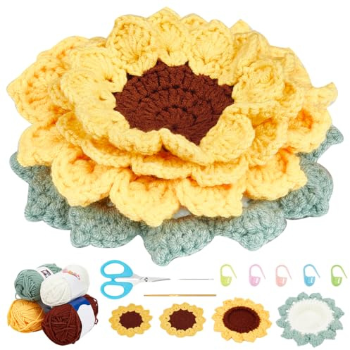 ORIGACH 6 Stück Sonnenblume Untersetzer im Korb Häkel-Start-Set, Untersetzer-Strick-Häkel-Set für Anfänger Erwachsene, komplettes Häkel-Zubehör Werkzeug mit Häkelnadeln, Garn, Anleitung und Video