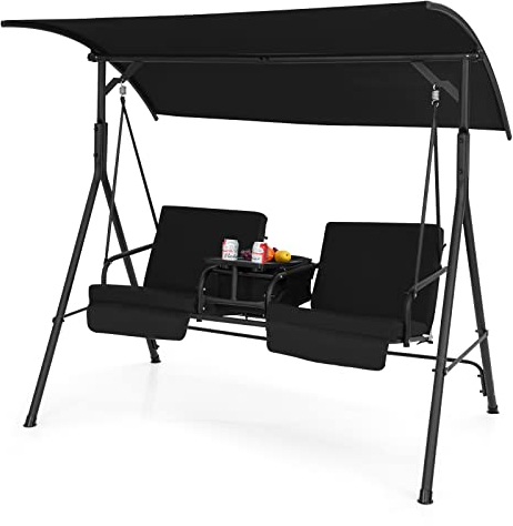 COSTWAY Hollywoodschaukel mit Kühltasche, drehbarem Tablett und abnehmbaren Kissen, 2-Sitzer Gartenschaukel mit verstellbarem Dach, Schaukelbank für Garten, Terrasse & Hinterhof, 181 x 124 x 161,5 cm