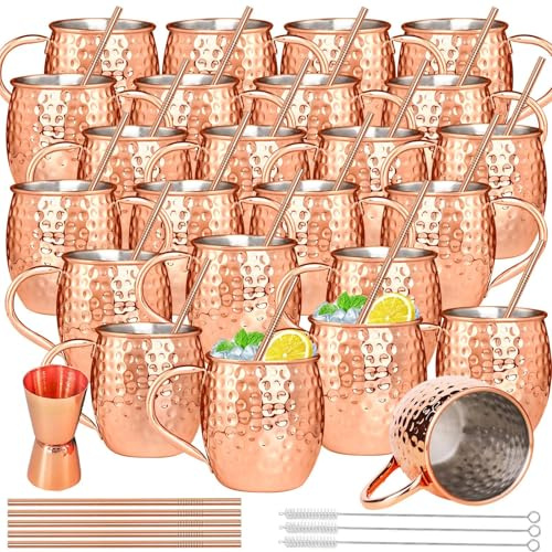 Moscow Mule Mugs 19oz Copper Plated Moscow Mule Mugs Set of 24 Bulk Large Hammered Stainless Steel Cups with Round Handle,1pcs 0.5oz Double Jigger, 24pcs Straws for Cold Chilled Drinks Cocktails