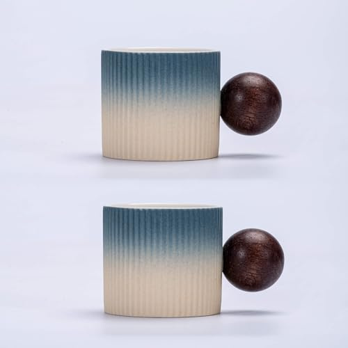 CLASGLAZ Espresso Cups 70ml, Small Ceramic Coffee Cups, Mini Mugs with Round Wooden Handle, Vertical Stripes Tea Cups (Beige Blue, 2pcs)