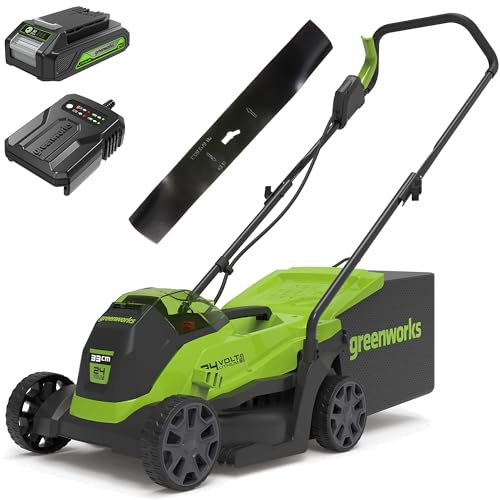 Greenworks GD24LM33K2 Tondeuse à Gazon sans Fil avec Moteur sans Brosse, Largeur de Coupe 33 cm, Inclus Batterie 24V 2Ah et Chargeur+ Greenworks Tools Lame de Rechange 33cm