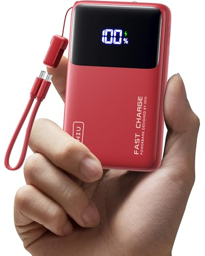 INIU 10000mAh Batterie Externe, Mini 45W Charge Rapide Voyage Power Bank | Câble USB C Amovible, Autorisé en Avion, Essentiels de Voyage, Powerbank pour iPhone 17 16 Pro, Samsung S26, iPad, Rouge