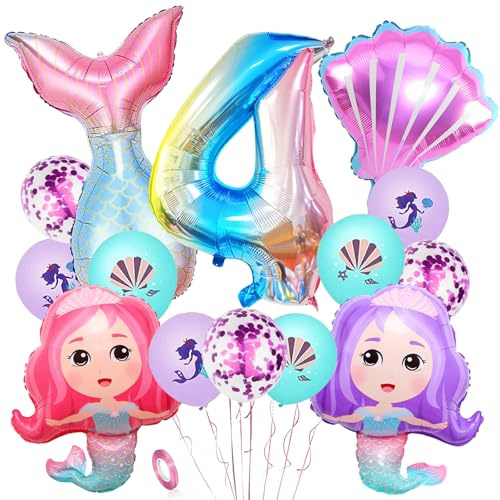 YOUYIKE 4 Geburtstag Mädchen Meerjungfrau Deko, 16 Stk Meerjungfrau Deko Kindergeburtstag 6 Jahre, XXL Folienballon Mermaid für Mädchen Geburtstag Meerjungfraus Ozean Mottoparty Deko