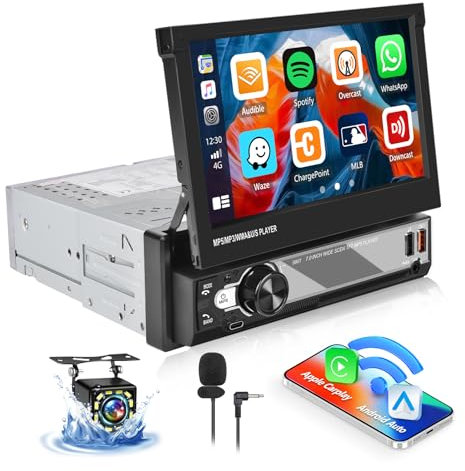 [Upgrade Wireless] SIXWIN Radio Coche Bluetooth 1 DIN con Wireless Carplay et Android Auto et Mirrorlink, 7''Retráctil Pantalla Táctil Reproductor Multimedia con FM/USB/Type-C/Aux-in+Cámara Trasera