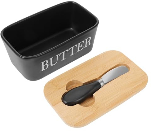 PHENOFICE 1juego Mantequillera De Cerámica Con Tapa De Madera y Cortador Contenedor De Almacenamiento Para y Postres Utensilio De Cocina Práctico y Elegante