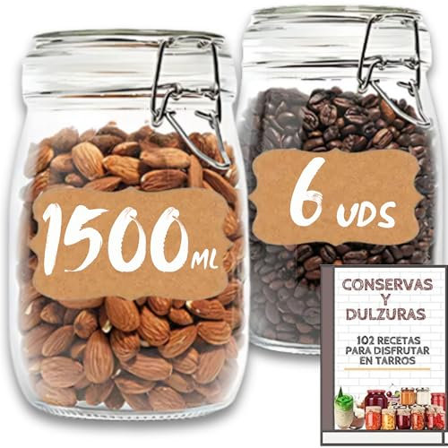 6 Tarros de Cristal Herméticos 1500 ml – Tarros herméticos de Almacenamiento para Alimentos, Conservación Fresca y Organizada - Incluye Etiquetas + Ebook de 102 Recetas (1,5 litros)