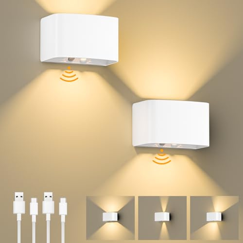 Birnetek® LED Wandlampe mit Bewegungssensor, 5000mAh Akku Wandleuchte Innen, 3000K Warmweiß Wandleuchte Ohne Stromanschluss, USB Aufladbare Wandbeleuchtung für Flur, Schlafzimmer, 2 Stück(Weiß)