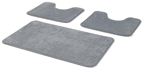 Comart - Set Tappeti Bagno Tahiti - Tris Tappetini Assorbenti: 1 Rettangolare 45x75 cm + 2 Giro Water 45x37.5 cm - Asciugatura Rapida - Salvaspazio - Antiscivolo - Lavabile in Lavatrice - Grigio
