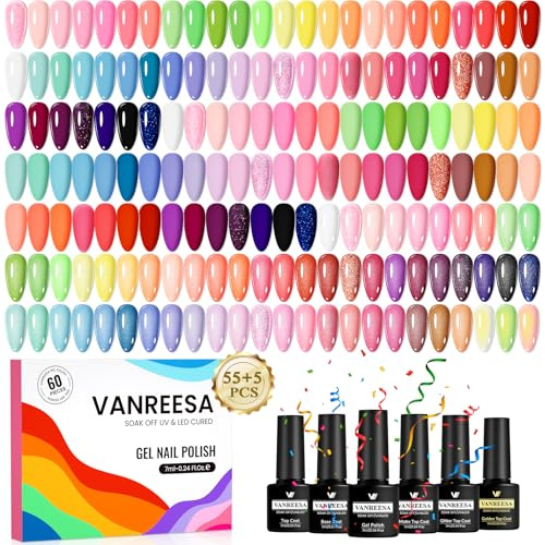 VANREESA 60Pcs U V Nagellack Set, 55 Farben Gel Nägel Set Rosa Grün Blau Violett Gelnägel Starterset mit Unterlack und Überlack Soak off U V Nagellack Geschenk für Frauen
