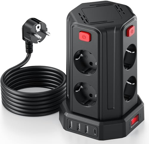 Torre Regletas Enchufes con Cable 3M, Regleta USB 8 Tomas de AC Corrientes y 4 USB, 2500W/10A, Regreltas Vertical con Interruptor para Mesa, Oficia, Casa…