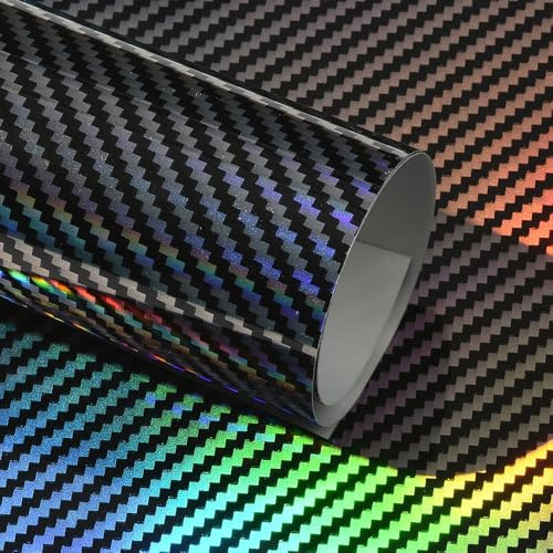 Blueshyhall Autofolie Carbon Schwarz Silber Glanz Holo, Car Wrapping Folie Hoch Glänzend mit Regenbogen Effekt, Tuning Folie Innen Außen mit Luftkanälen für Auto Motorrad Fahrrad (50 x 152 cm)