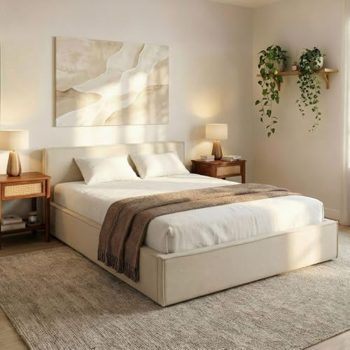 IDIMEX Polsterbett Pesaro 140x200 cm, Cremeweiß – Bettgestell inkl. Lattenrost, strapazierfähiger Stoffbezug in Leinen-Optik, modernes Doppelbett mit Kopfteil für Schlafzimmer