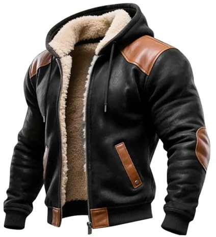 Veste d'hiver chaude à capuche doublée de polaire pour homme en similicuir avec poches, surdimensionnée et confortable, manches longues pour la marche athlétique en plein air, Noir , S