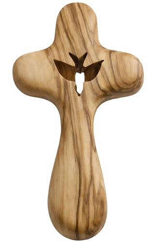 Anna Holy Crafts Handmade Wooden Cross with peace dove Design - Spiritual Pocket Cross Comfortable to Hold in Hand - Handcrafted Natural Olive Wood Cross from Bethlehem, the Holy Land