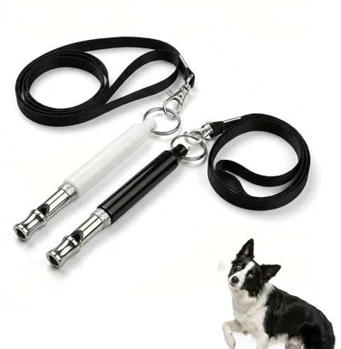 Horktrust 2 Silbatos para Perros Ultrasónicos Ajustables, Silbato Perro de Alta Frecuencia con Cordón, Silbato para Perros para Adiestramiento Canino, Llamada, Control de Ladridos, Negro y Blanco