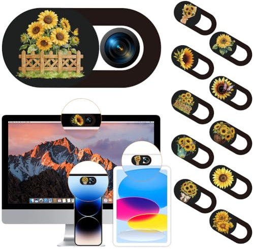 PRESSINART 30 Piezas 10 Estilos Cubierta Deslizante para Cámara de Portátil con Diseño de Girasol 0.04 Pulgadas Ultra Delgada Cubierta de Webcam para Mini PC Teléfono Escritorio Tablet Flores Plástico