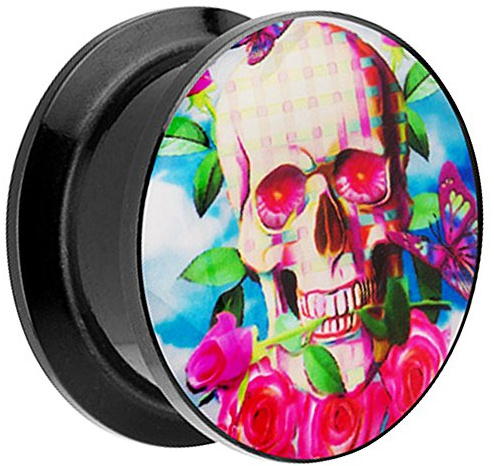 Piersando Ohr Plug Piercing Kunststoff Motiv Comic Picture Flesh Tunnel Ohrplug mit Totenkopf Rose Schwarz Bunt