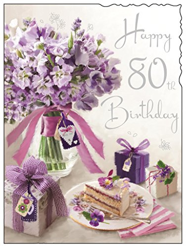 Jonny Javelin Female 80th Birthday Card - Happy Birthday Card for Women Age 80 with Artistic Floral Bouquet, Present and Cake Design and an Embossed Foil Finish