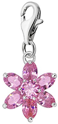 Quiges Dam Berlock Charm Rosa Kristallblomma Silver Kvinnors Smycken för Charmarmband