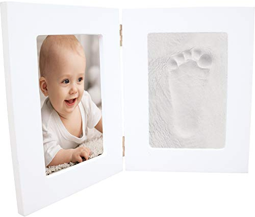 Happy Hands gran juego de huellas de mano de doble marco para huellas de manos o pies de bebés (dimensiones: 19 x 24,5 cm, fácil manejo, incluye arcilla de modelar inocua para la piel), blanco