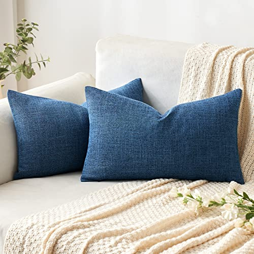 MIULEE Pack of 2 Decorative Linen Burlap Coastal Pillow Covers Farmhouse Accent Pillowcases for Sofa Car Couch Bedroom Living Room Decor 12x20 Inch Blue
