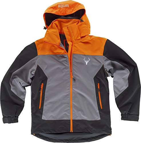 Work Team Chaqueta Caza y Pesca Impermeable combinada Tricolor. Cuello Alto y Capucha Desmontable con cordón elástico y Pieza Ajustable. Cubrecosturas Hombre Gris+Naranja A.V.+Negro L
