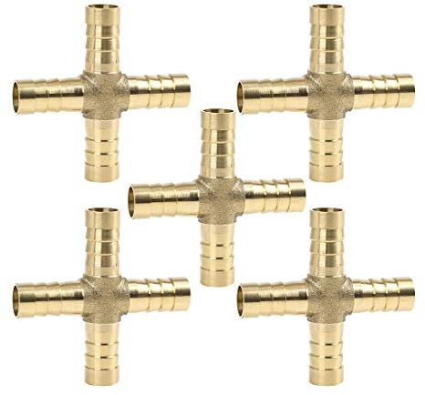 sourcing map Raccord Laiton 10mm Raccord Tuyau Cannelé Connecteur Croix 4 Voies Air Eau Huile 5pcs