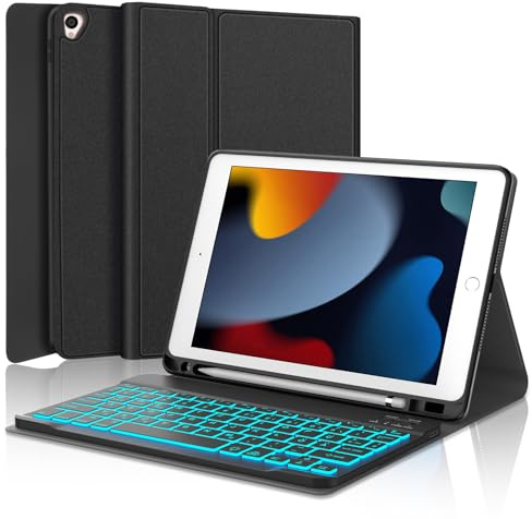 SENGBIRCH iPad 9 generationens fodral med tangentbord – upplyst tangentbord (QWERTZ Layout) med pennhållare för iPad 9/8/7:e generationen 2021/2020/2019 10,2 tum – svart