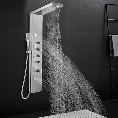 ROVATE Rainfall Waterfall Shower Tower Panel System, 304 Stainless Steel Bathroom Shower Panel Tower with 5 Body Sprays and Flexible Handheld Shower, Shower Column Wall Mount, Delicate Brushed Finish