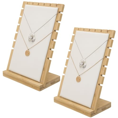 MyGift necklace display standMyGift 2-Pack Bamboo Jewelry Display Stands with PU Panel & Multi-Rung Design – Detachable Bases, Non-Scratch Surface jewelry display for vendors,