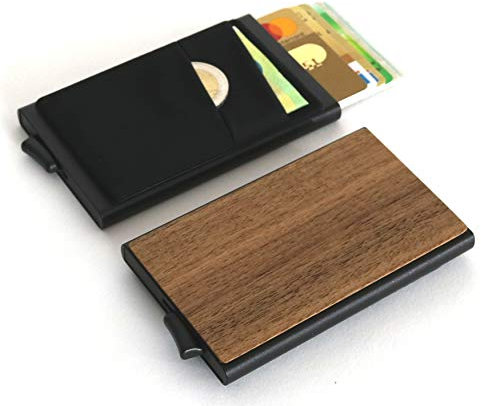 STREIFHOLZ Kreditkartenetui aus Holz, Kreditkartenhalter, Geldbörse, Popup, Portemonaie, RFID NFC Schutz, Geschenk mit Gravur, Männer Frauen Papa Mama, Eiche, Kirschbaum, Nussbaum (Nussbaum)