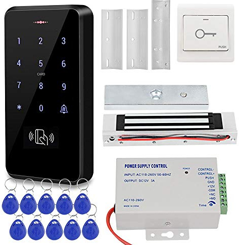 KDL Sistema di controllo accessi IP68 Controller tastiera RFID impermeabile, alimentatore DC12V, serratura magnetica elettrica 180kg / 350lbs con staffa Z&L, pulsante di uscit, Portachiavi RFID 125KHz