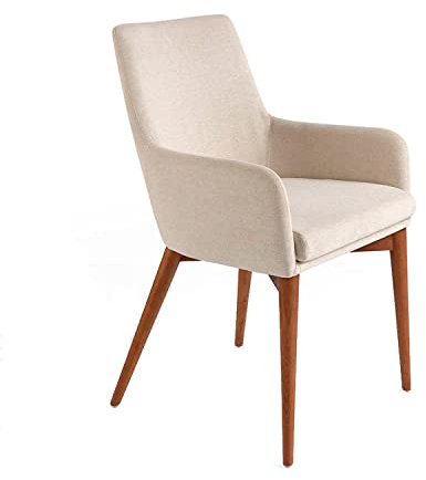 Ángel Cerdá - Silla Comedor Tapizada en Tela Beige con Reposabrazos y Respaldo Alto - Diseño Moderno y Atemporal - Patas de Madera Nogal - 57 x 64 x 88 cm