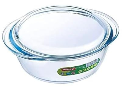 Pyrex Essentials Glass Round Casserole Dish with Lid 1.6L Transparent, Pack of 2