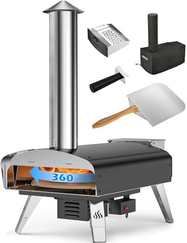 Mimiuo Horno de pizza para exteriores, estufa de pizza de pellets de madera con sistema de rotación automática, piedra para pizza, pala de pizza y bolsa de transporte (Tisserie W-Oven Series) -