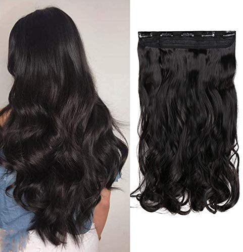 One Piece Clip in Hair Extensions 17inch Curly Wavy Hairpieces Invisible Synthetic Hair 3/4 Half Full Head [Natural Black]