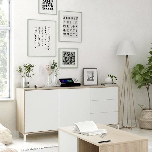 Dmora - Buffet Concord, Salon Buffet, Meuble TV, Armoire de salon, Moderne avec 2 portes et 3 tiroirs, 154x41h74 cm, Chêne et Blanc