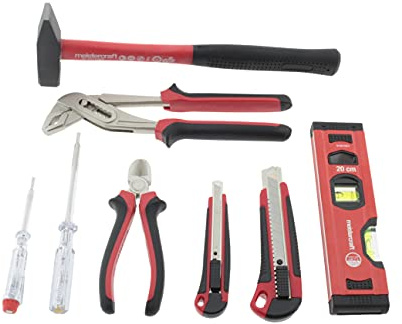 meistercraft Werkzeug Set Premium perfekt für jeden Heimwerker. Set enthält Wasserpumpenzange, Seitenschneider, Spannungsprüfer, eine Mini-Präzisions-Wasserwaage, Cuttermesser und Schlosserhammer