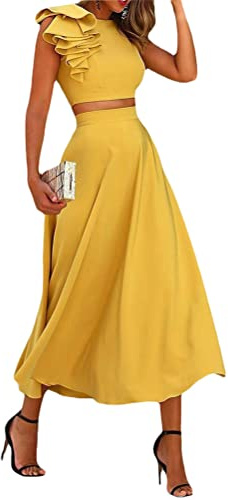 Onsoyours Mujer 2 Piezas Sexy Crop Top con Falda de Verano Boho Retro Falda Larga Maxi Falda Bohemia hasta el Suelo Playa A Amarillo S