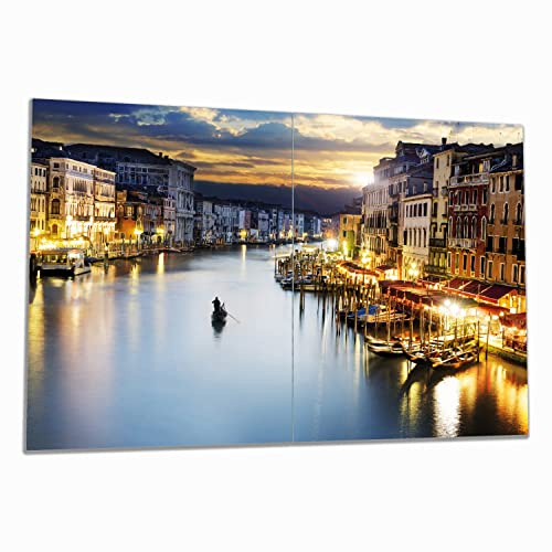 Wallario Herdabdeckplatte/Spritzschutz aus Glas, 2-teilig, 80x52cm, für Ceran- und Induktionsherde, Canal Grande in Venedig am Abend mit untergehender Sonne