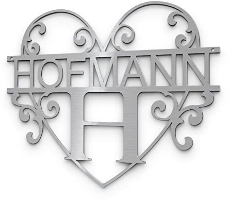 Monogramm Schild Namen aus echtem Edelstahl - Familie Türschild personalisiert mit Buchstabe Name - Bohrlöcher zur Befestigung Hauswand - Metallschild Deko Haustür - Geschenk Hochzeit