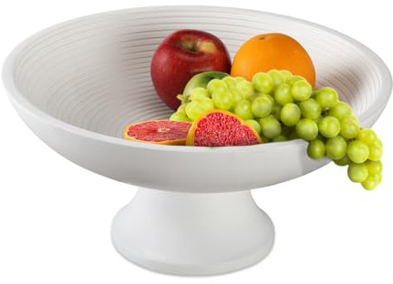 Folkulture Wood Fruit Bowl or Decorative Pedestal Bowl for Table Décor, Wooden Fruit Bowl for Kitchen Counter or Farmhouse Christmas Centerpiece, 12-inch Large Bowls for Breads, Mango Wood (White Rib)